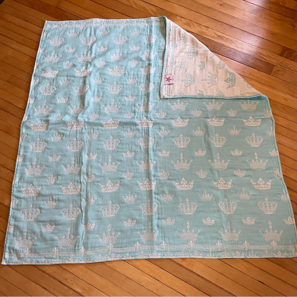 KOKADI Woven 4 Layer Gauze Cotton Bamboo Crown Print Aqua White Swaddle Handmade
